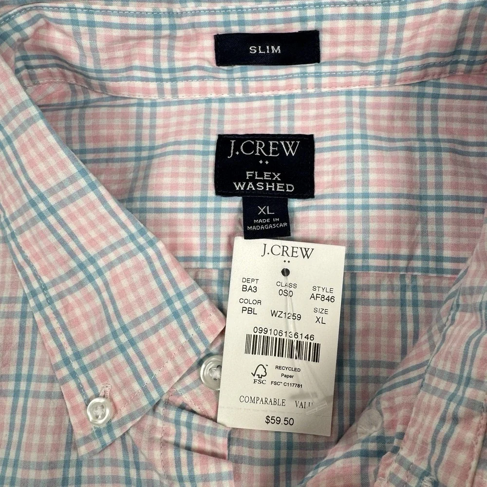 J Crew Shirt Men XL Slim Flex Washed‎ Button Front Pink Blue Plaid Stretch NWT
